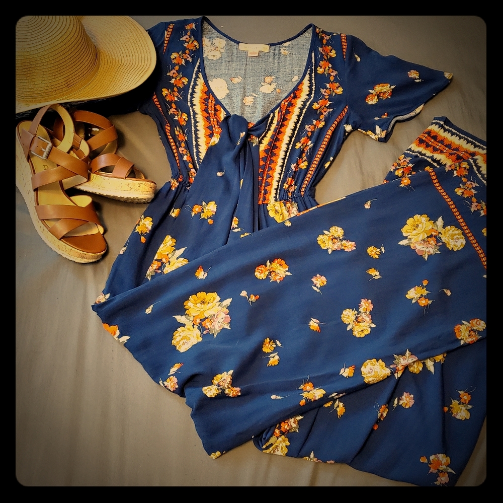 Band of Gypsies blue orange floral boho jumpsuit